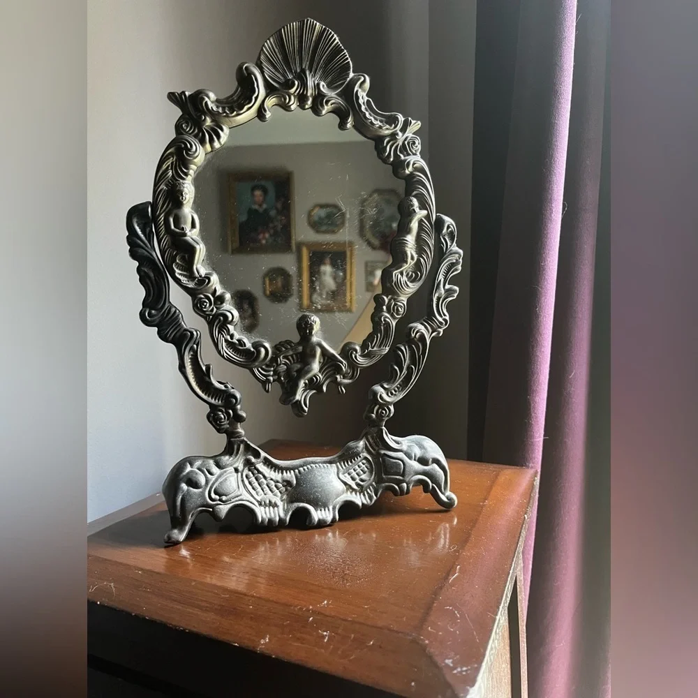 Vintage Ornate silver plated cherubs Tabletop Mirror